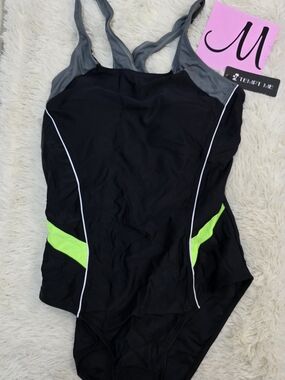 Tempt Me Black & Gray One-Piece Swimsuit with Neon Green Accents